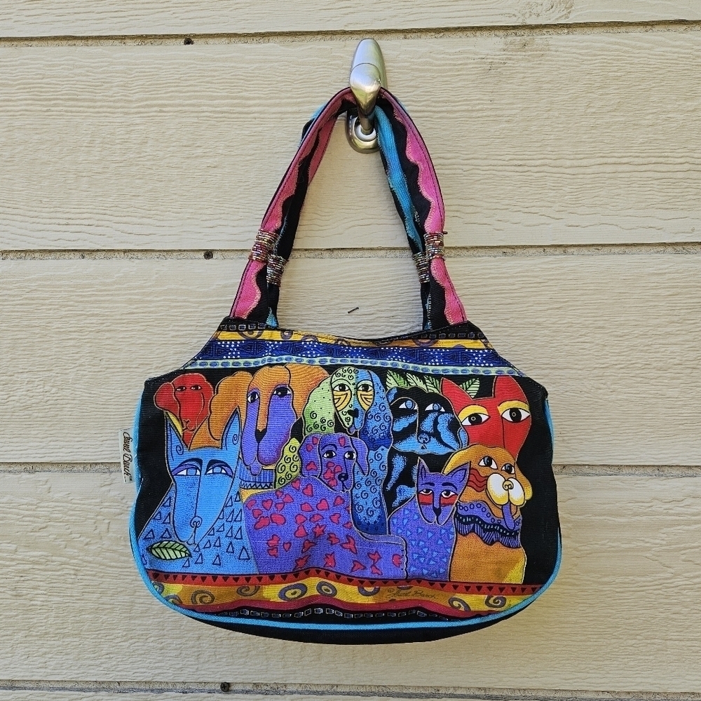vintage Laurel Burch dogs zip top shoulder bag with beading